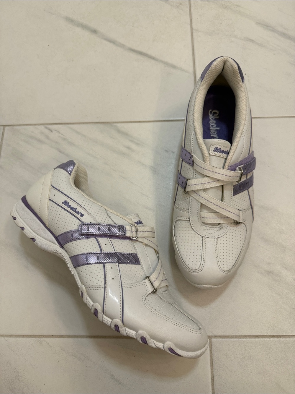 Skechers Sport Vintage Y2K White Lavender Strap Chunky Sneakers 10